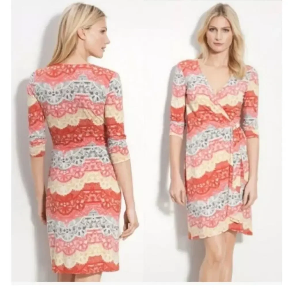 BCBG MAXAZRIA Wrap Dress Tereza Boho Art sz S Red White Yellow Medallion Print - Picture 2 of 16